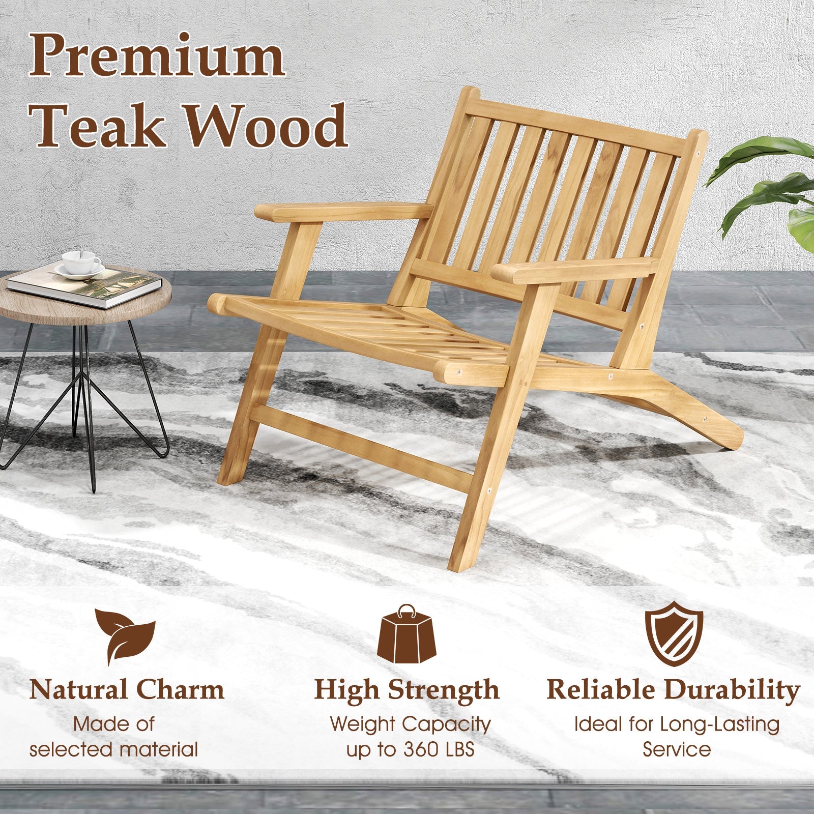 Teak Wood Outdoor Reclining Chair with Comfortable Backrest and Armrests