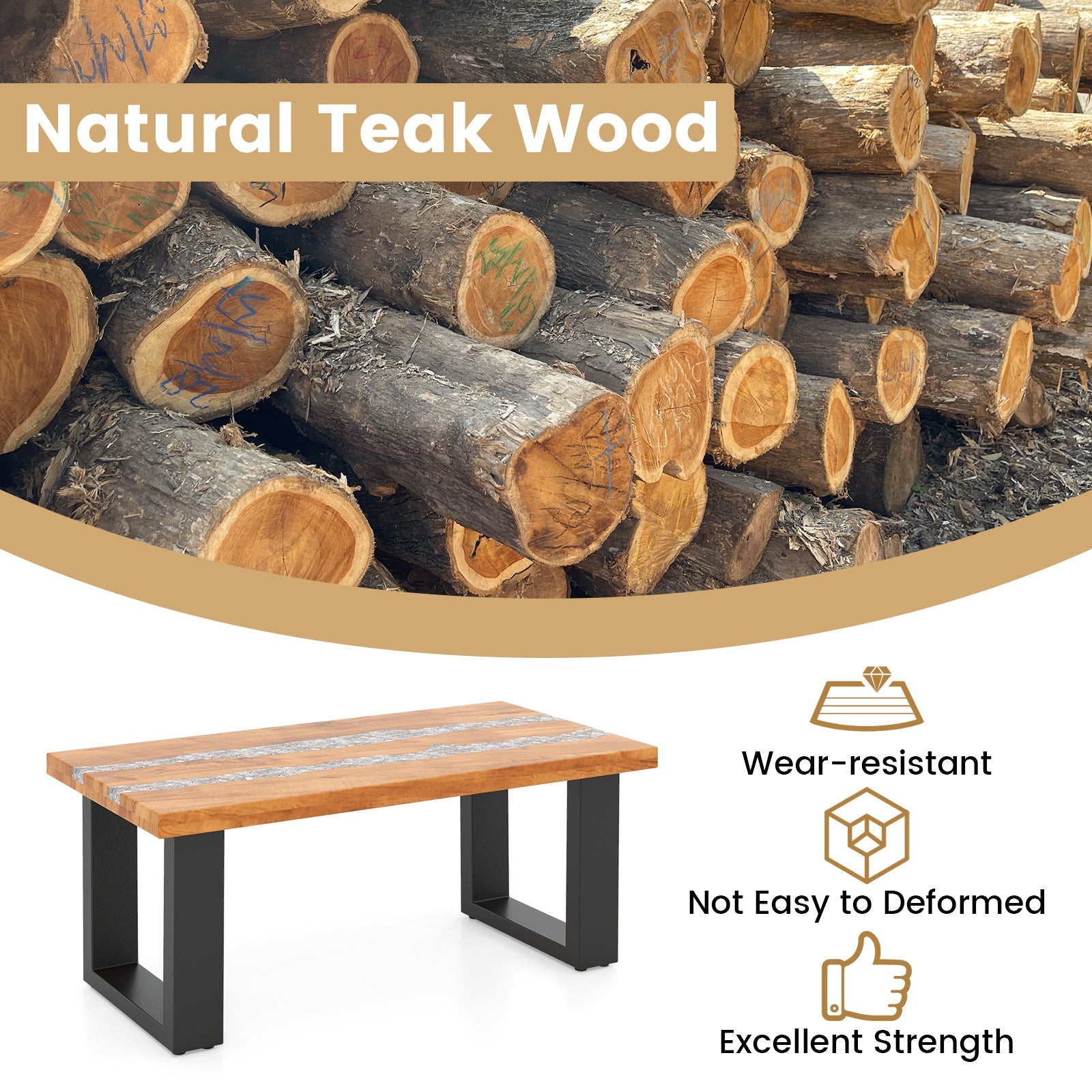 Teak Wood Patio Table with River Feel Epoxy Tabletop