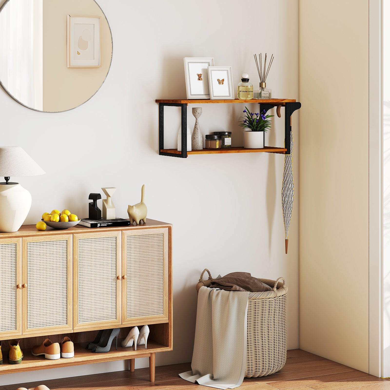 Teak Wood Wall Mounted Floating Shelves with Towel Bar