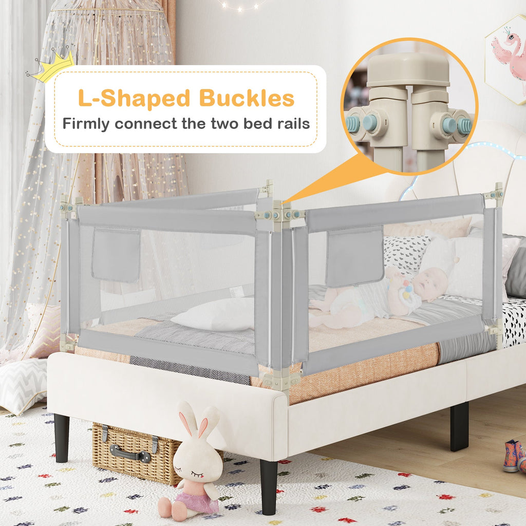 Toddler Bedrail with Side Pocket and 24 Adjustable Heights-Gray