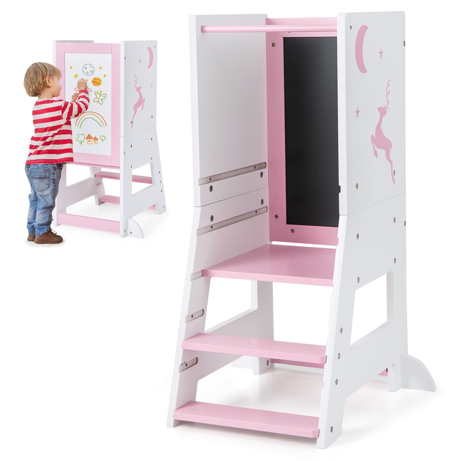 Toddler Kitchen Stool Baby Standing Tower with Chalkboard and Whiteboard