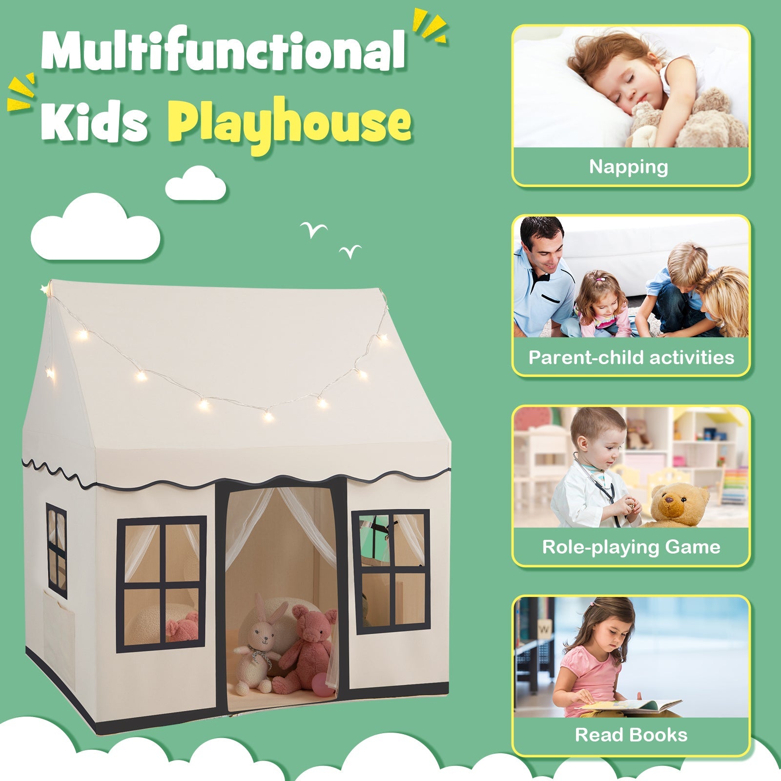 Toddler Large Playhouse with Star String Lights