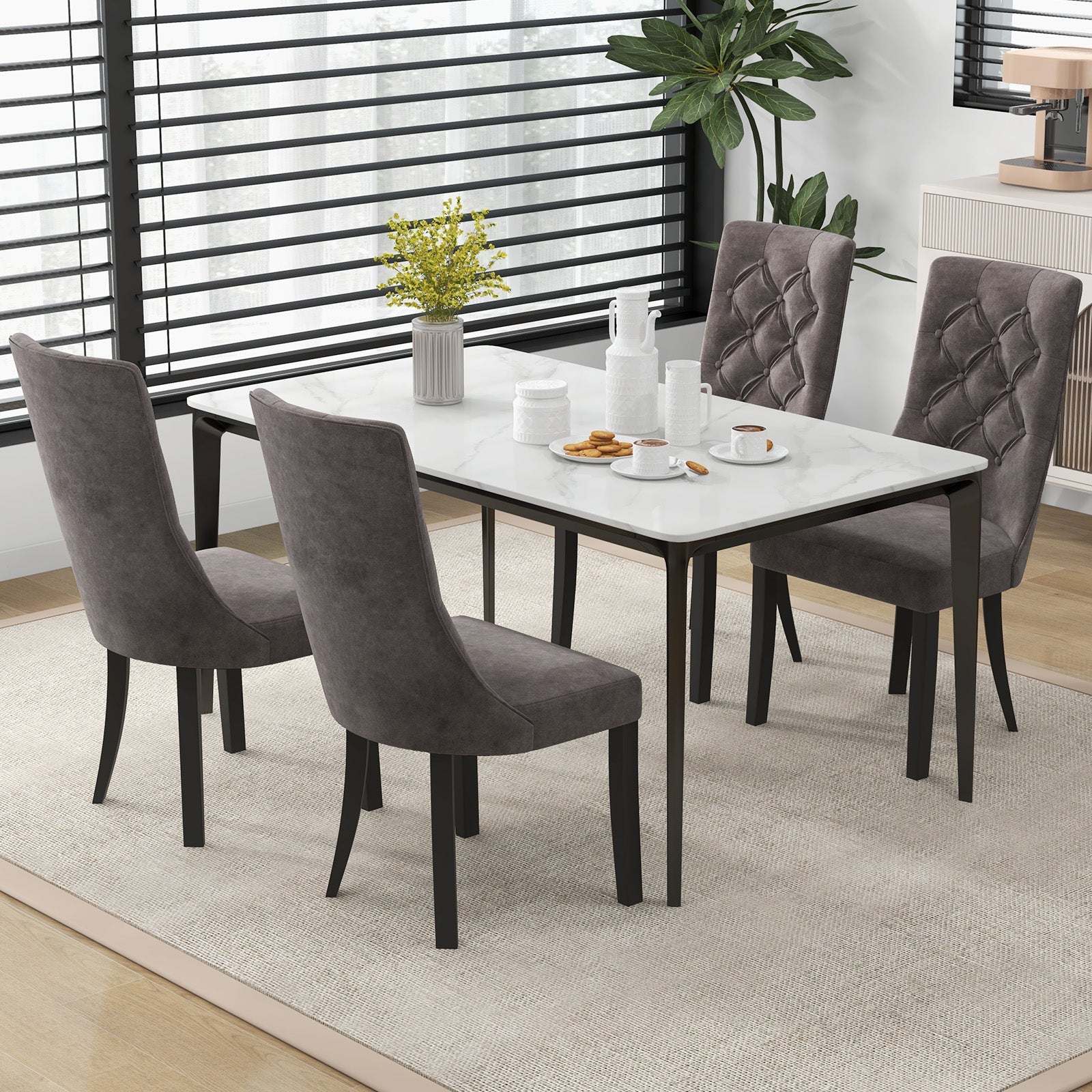 Tufted Dining Chairs Set of 2 with High Backrest and Padded Seat-Gray