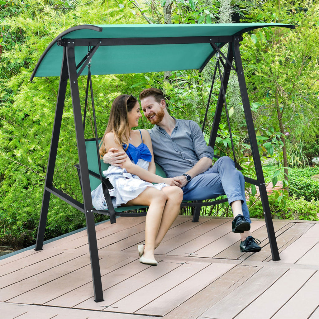 Outdoor Porch Steel Hanging 2-Seat Swing Loveseat with Canopy