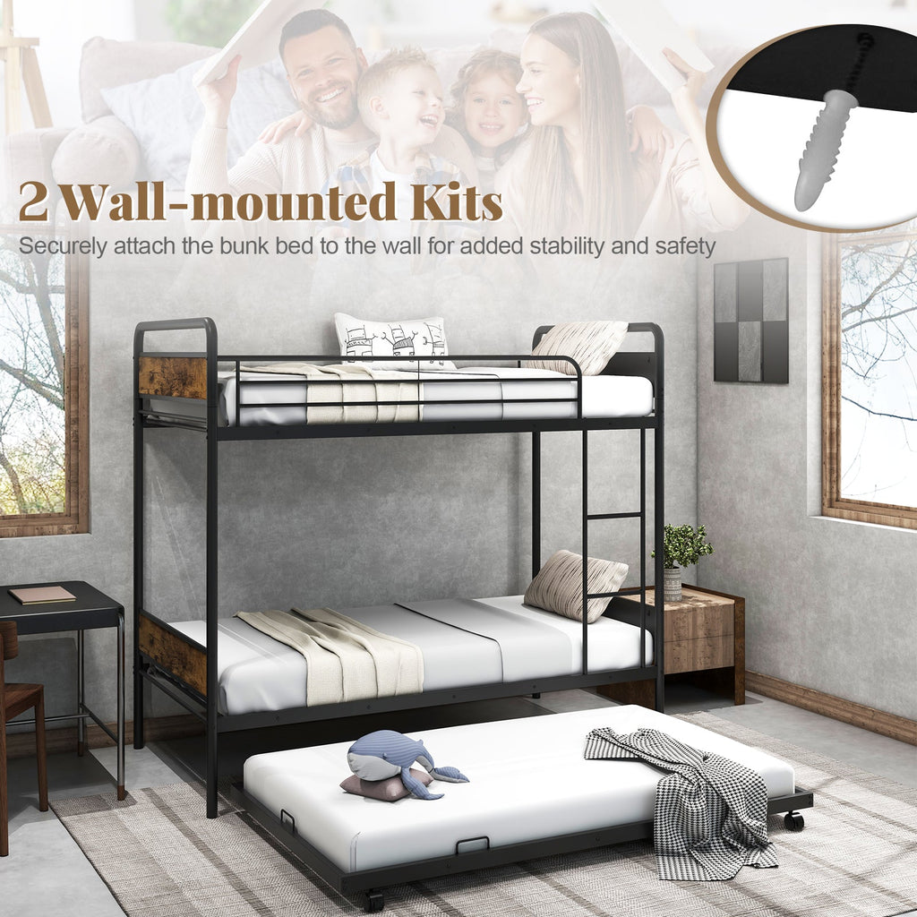 Twin Over Twin Bunk Bed with Trundle with Ladder and Full-length Guardrails-Black