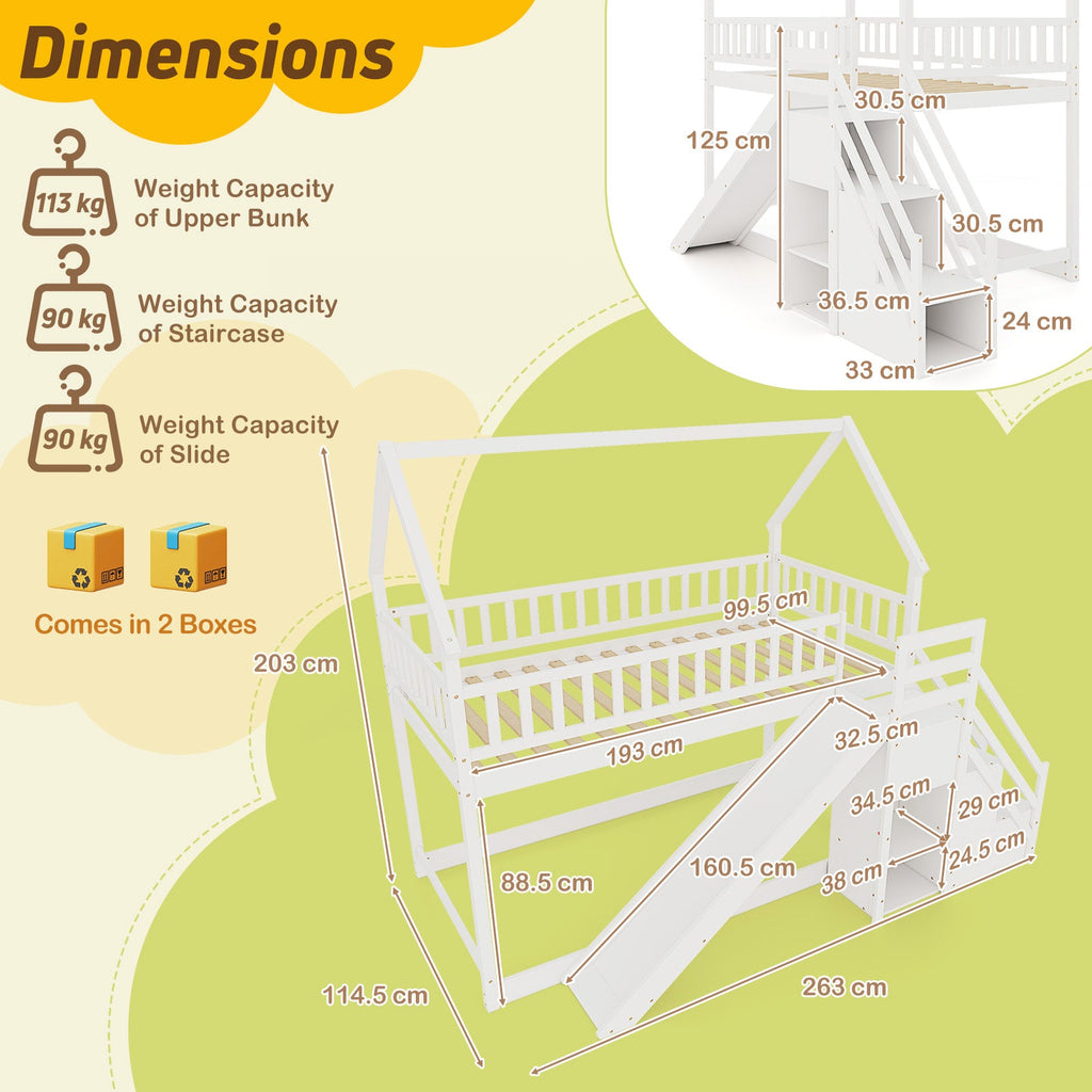 Twin Over Twin Bunk Bed with Slide and Staircase-White