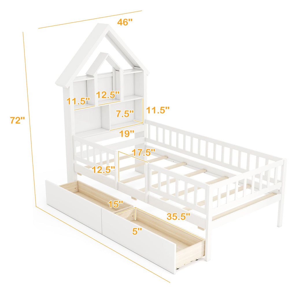 Twin Size House Bed Kids Montessori Bed with House-Shaped Storage Headboard-White