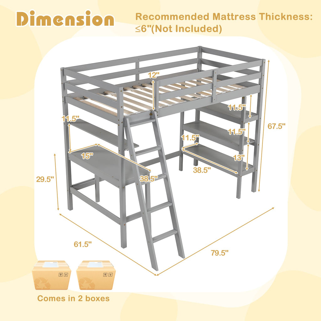 Twin Size Loft Bed with Desk and Bookshelves for Kids and Teens