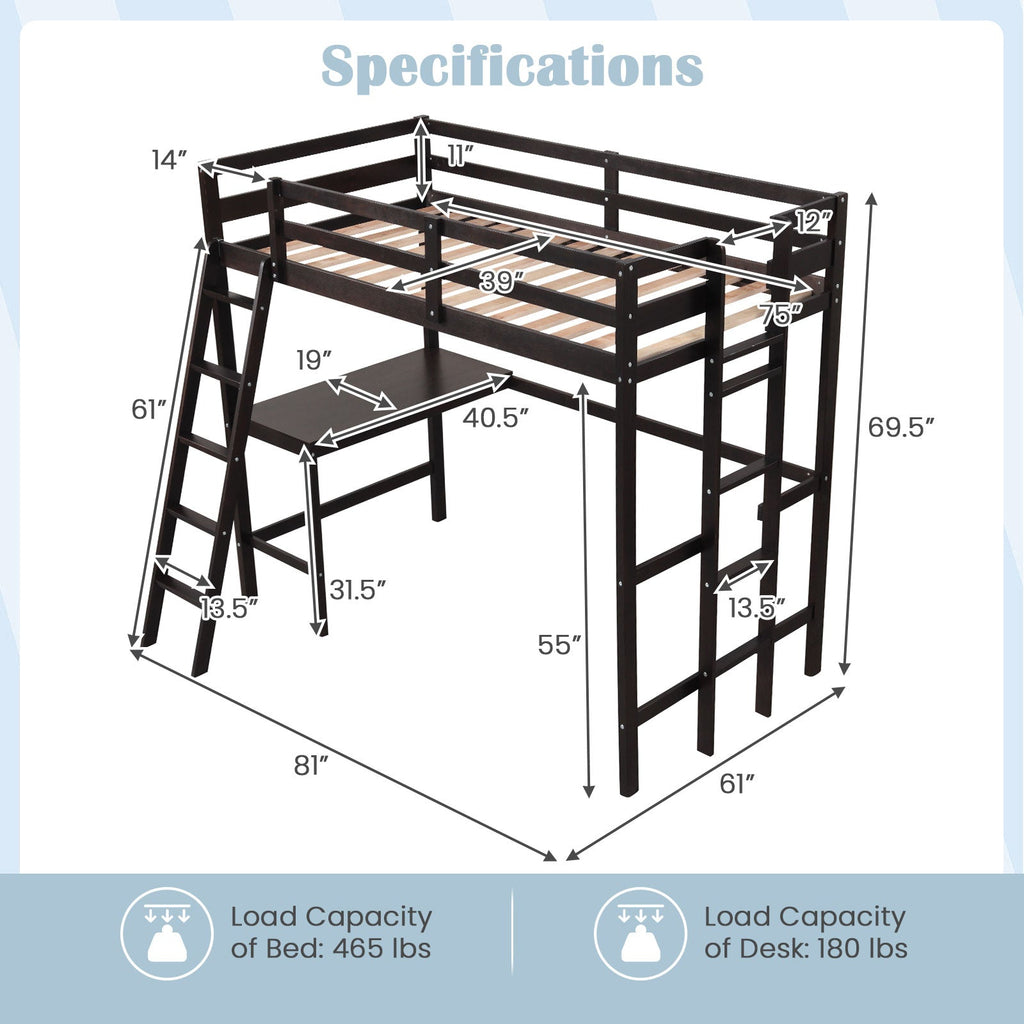 Twin Size Loft Bed Frame with Desk Angled and Built-in Ladder