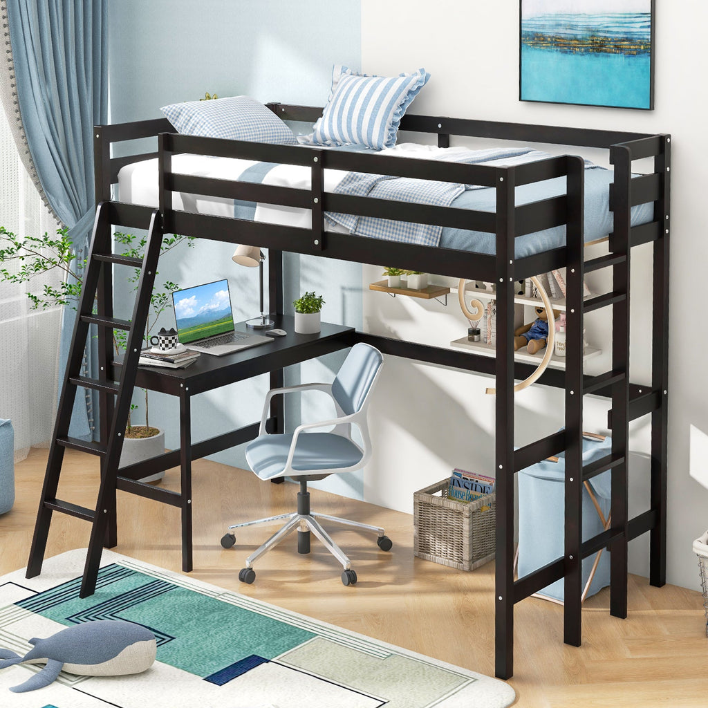 Twin Size Loft Bed Frame with Desk Angled and Built-in Ladder