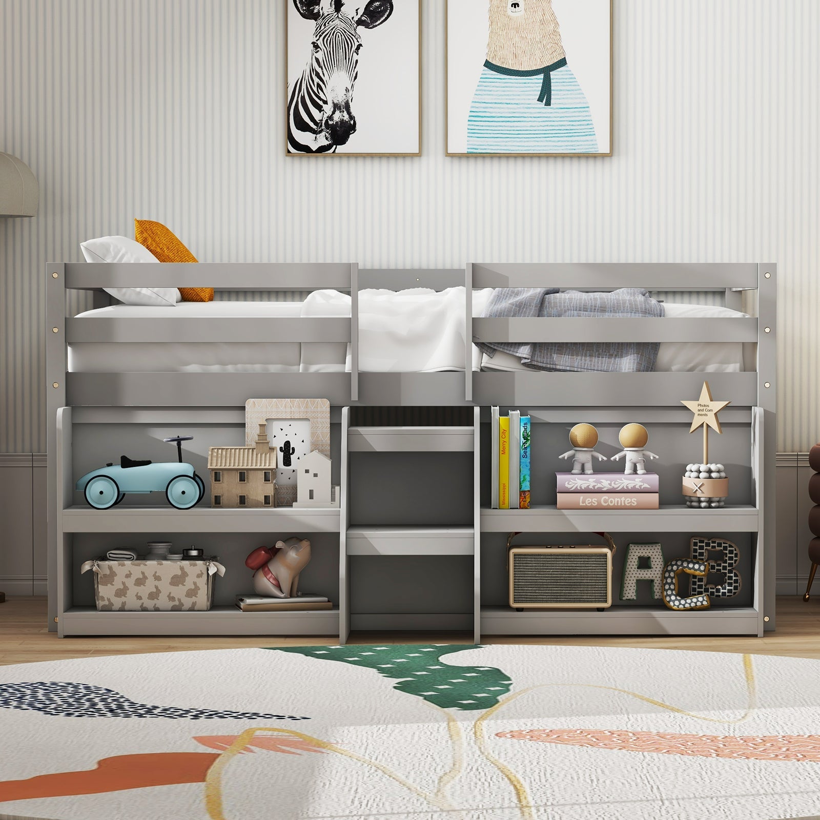 Twin Size Loft Bed with LED Lights with Staircase and Safety Guardrail