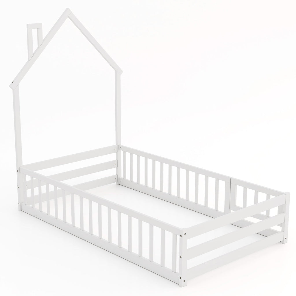 Twin Size Montessori Floor Bed with Lockable Door and Full-Length Guardrail