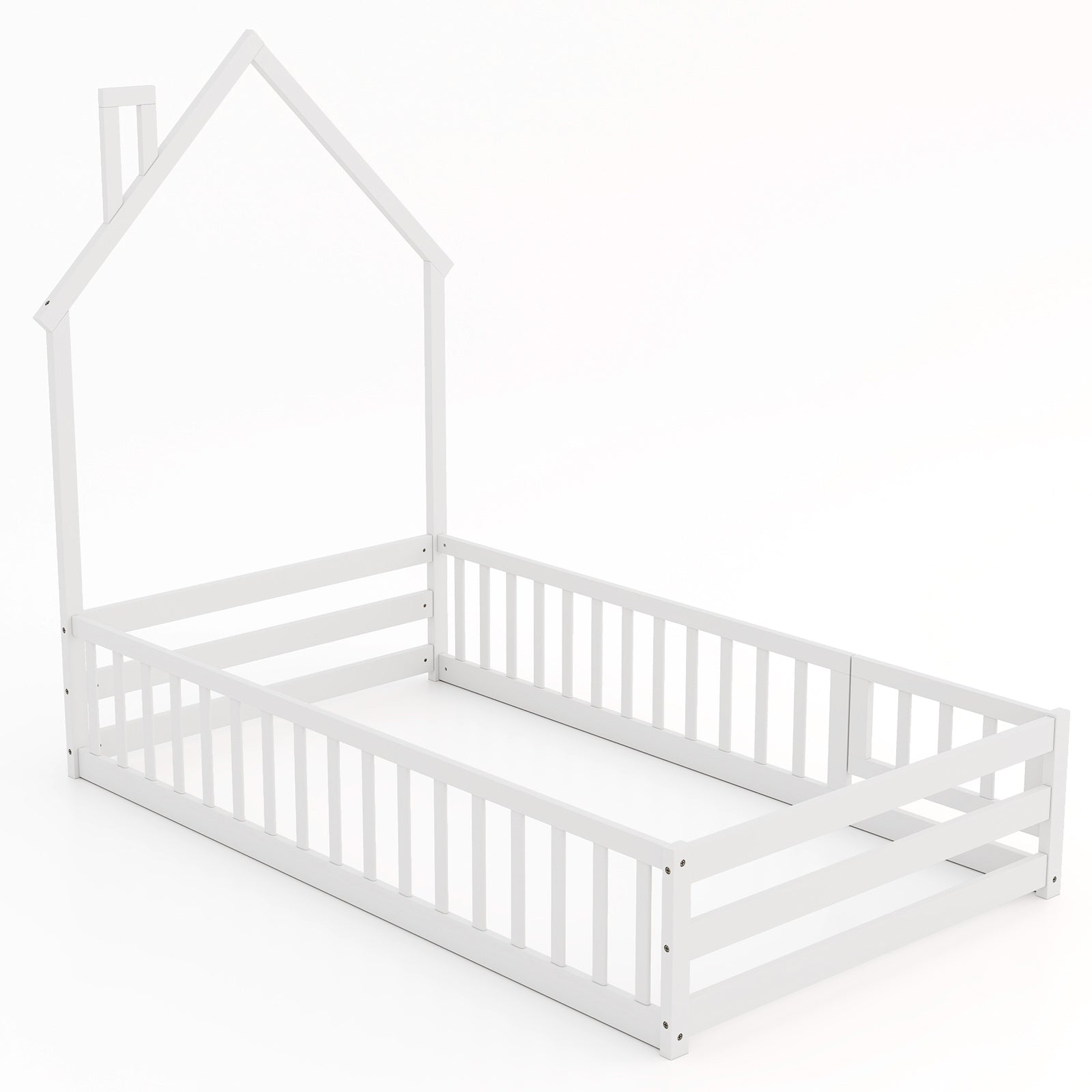 Twin Size Montessori Floor Bed with Lockable Door and Full-Length Guardrail