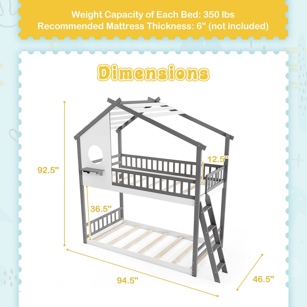 Twin over Twin House Bunk Bed with Roof and Guardrails for Kids-White & Gray
