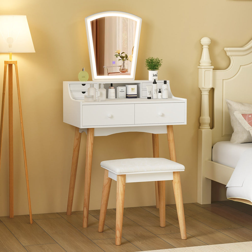 Vanity Desk Set with 3-Color Adjustable LED Lighted Mirror and Drawers-White