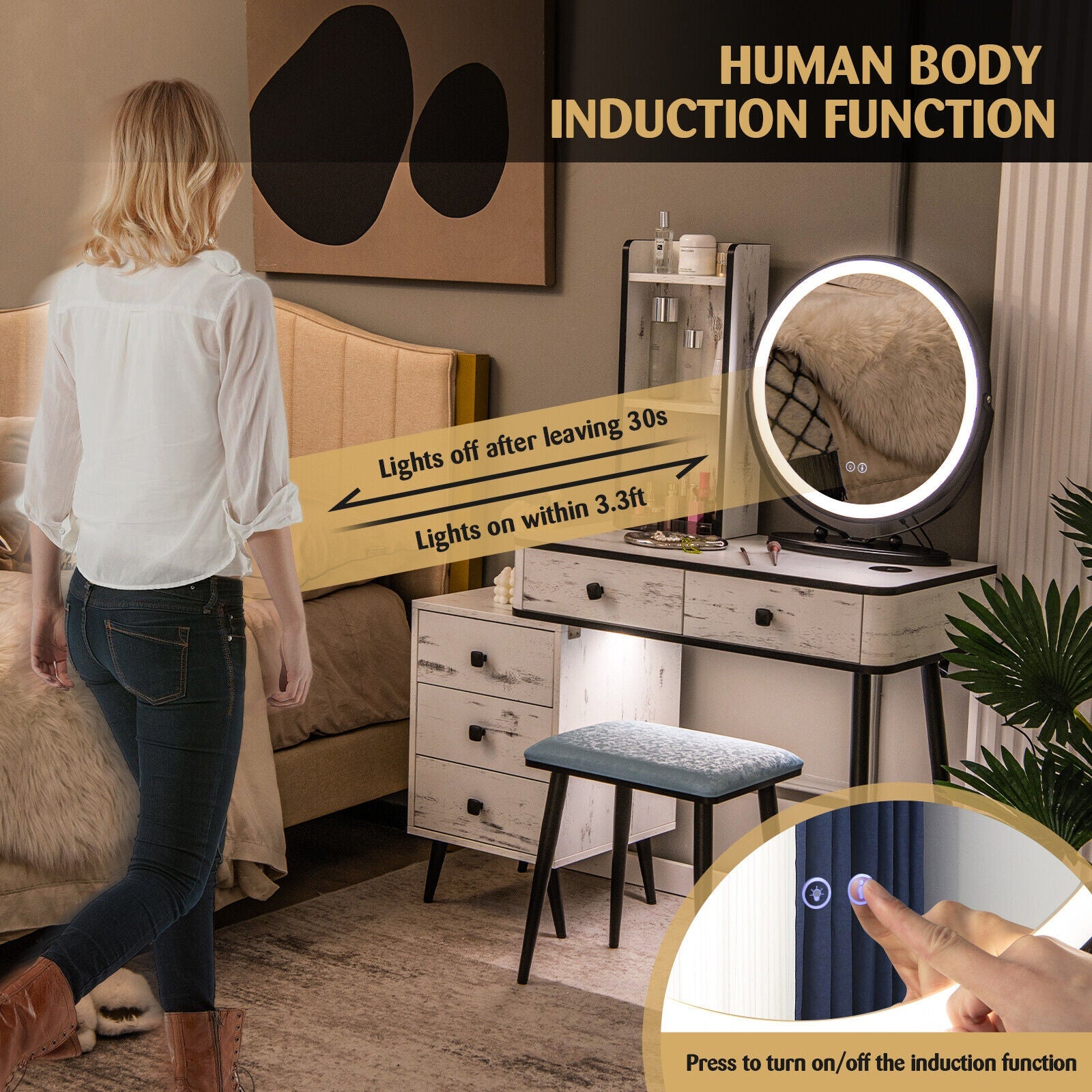 Vanity Table Set with 3-Color Lighted Mirror and Cushioned Stool