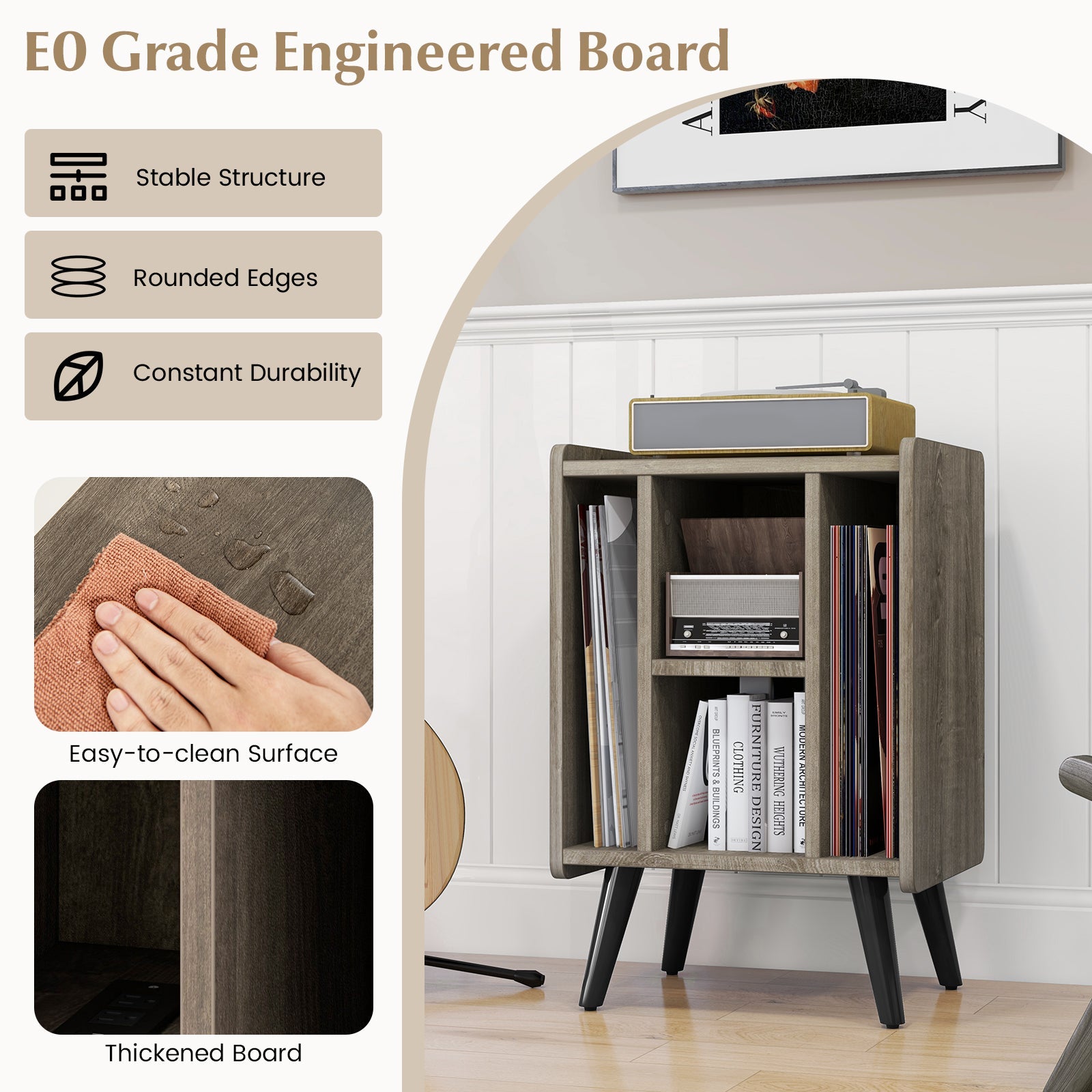 Vinyl Record Storage Turntable Stand with 4 Open Shelves