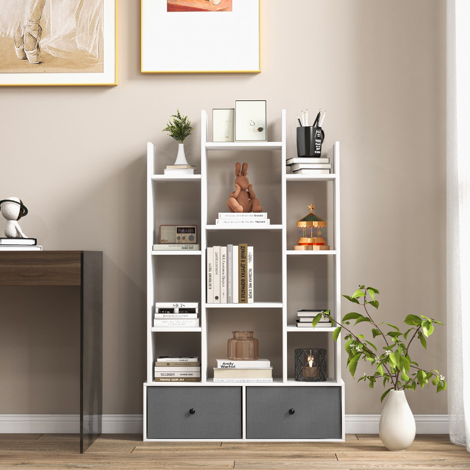 12-Tier Open-Back Freestanding Bookshelf with Drawer