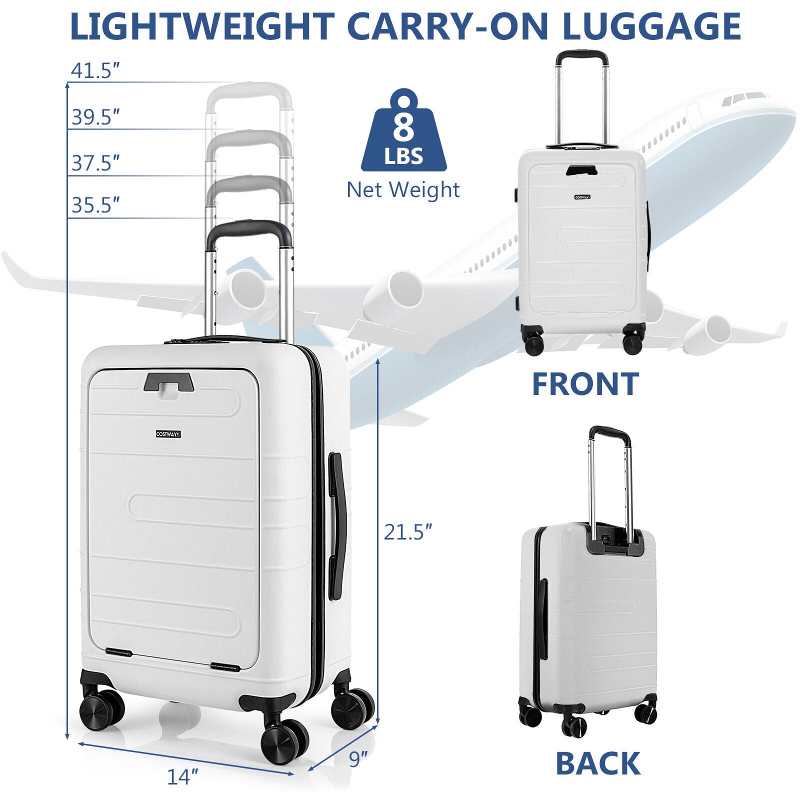 20 Inch Carry-on Luggage PC Hardside Suitcase TSA Lock with Front Pocket and USB Port