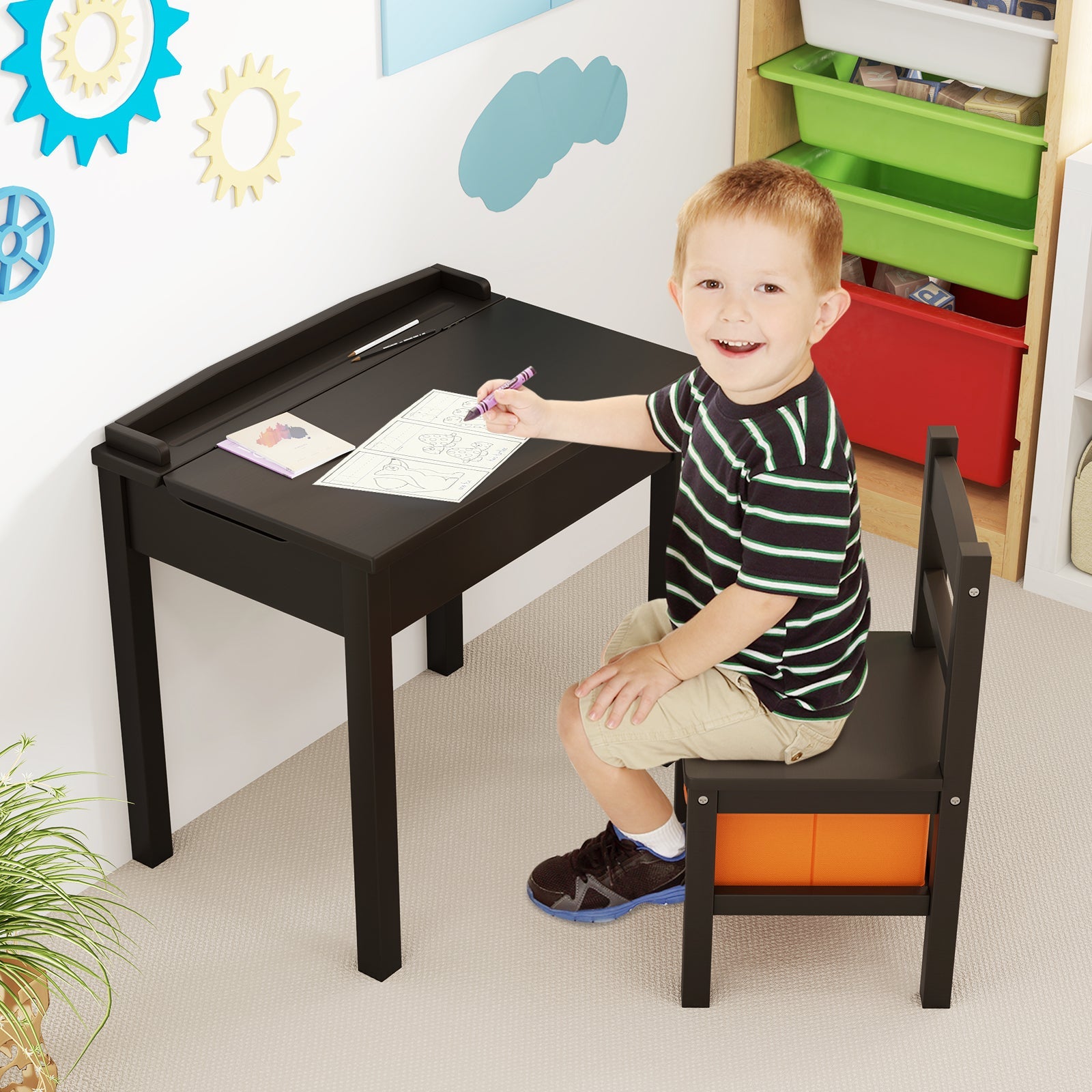 Wood Activity Kids Table and Chair Set with Storage Space