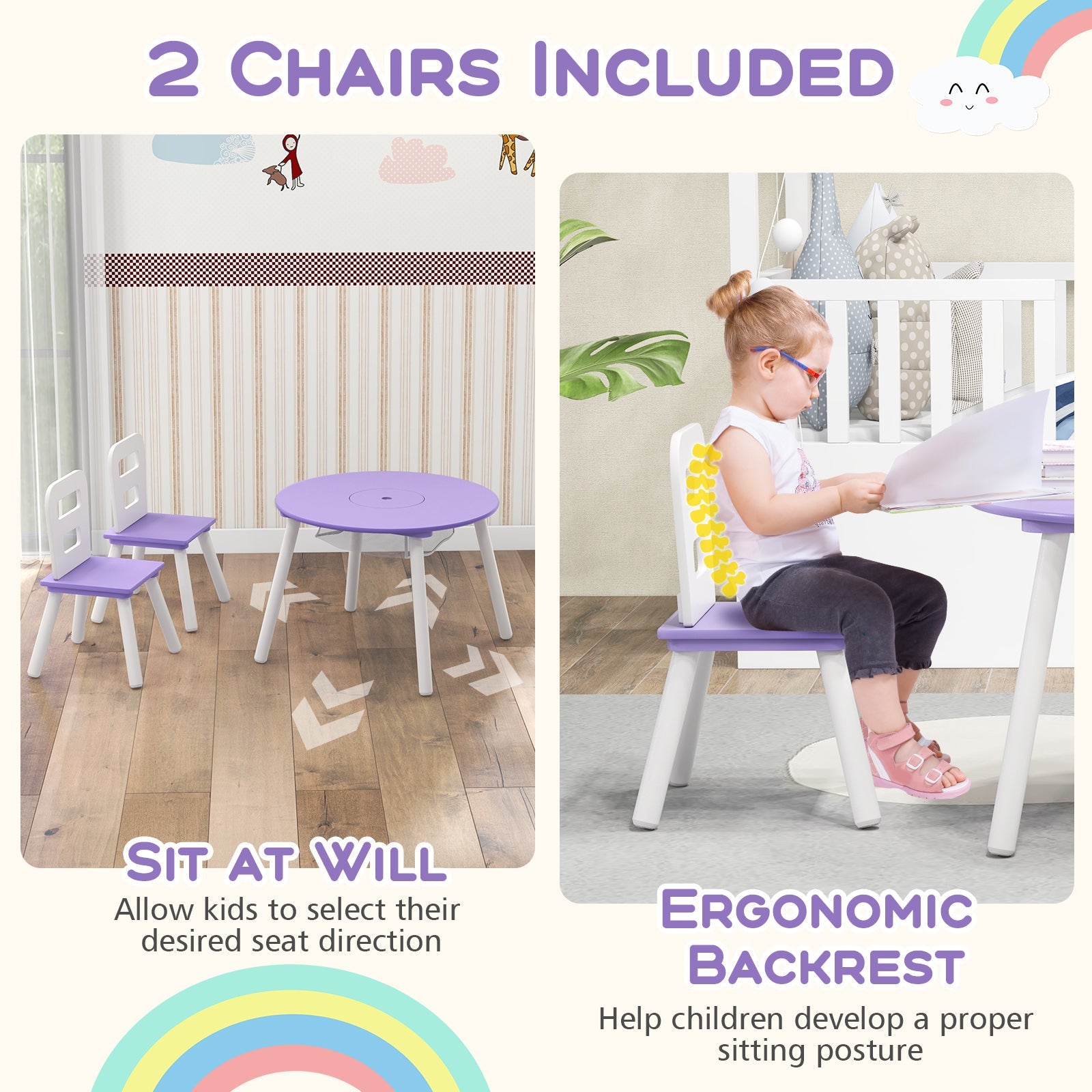 Wood Activity Kids Table and Chair Set with Center Mesh Storage-Purple