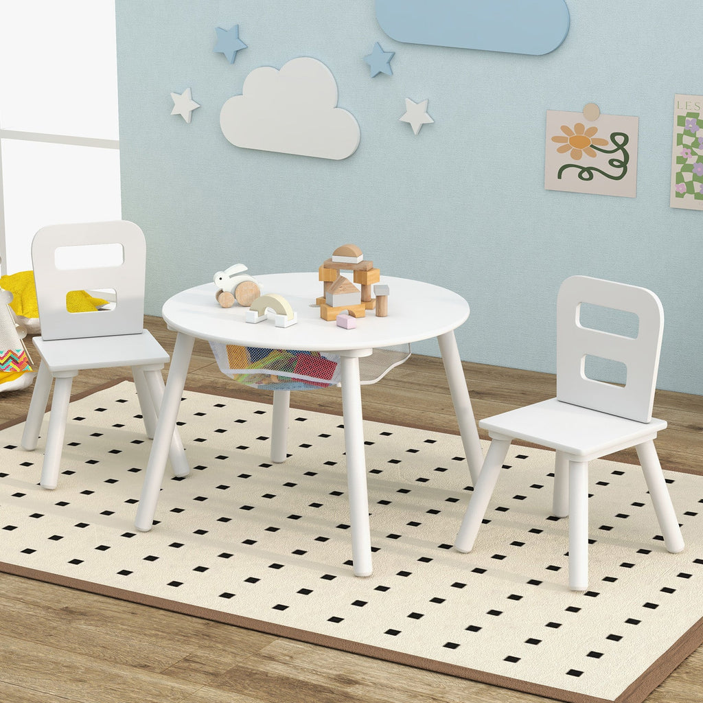 Wood Activity Kids Table and Chair Set with Center Mesh Storage-White