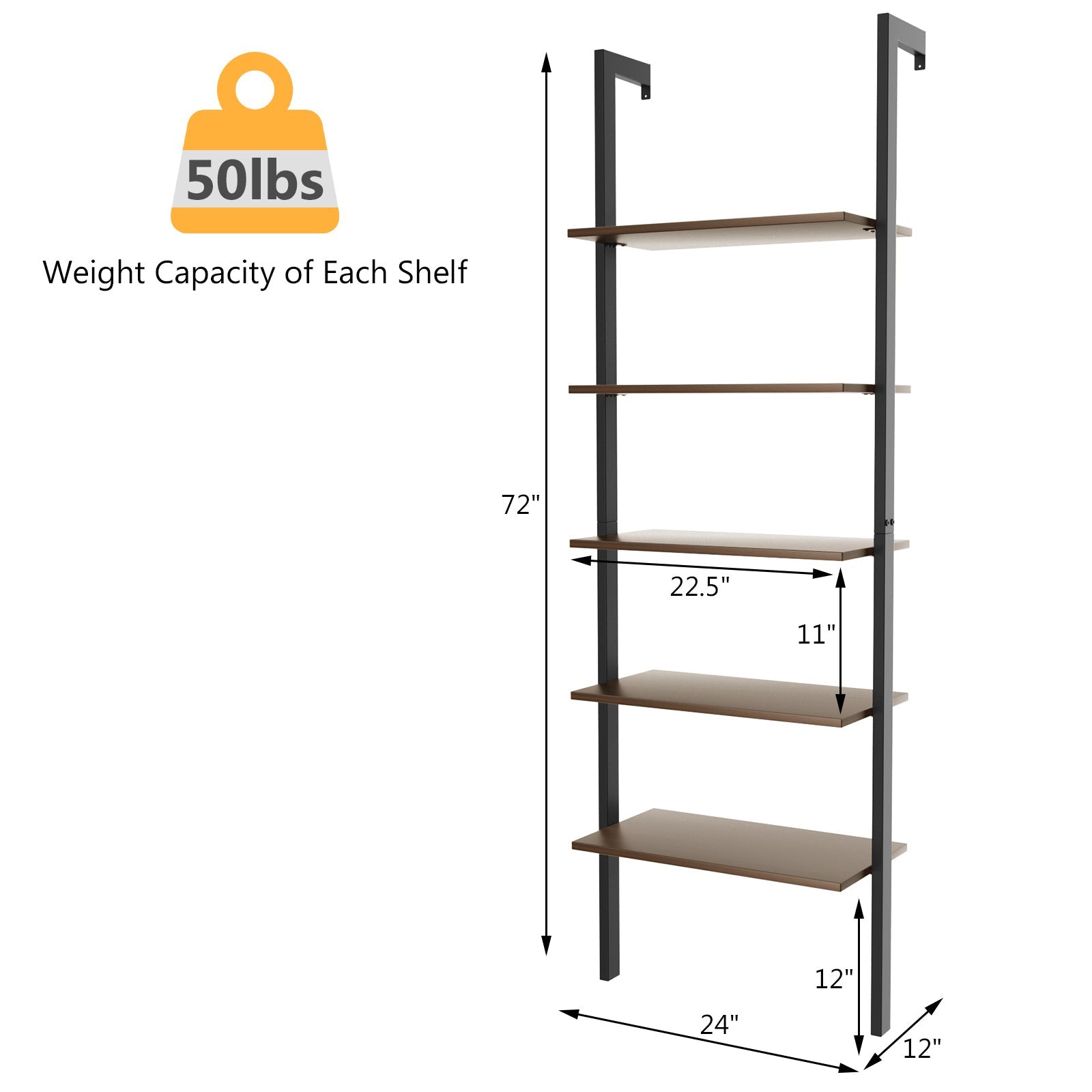 5-Tier Wood Look Ladder Shelf with Metal Frame for Home