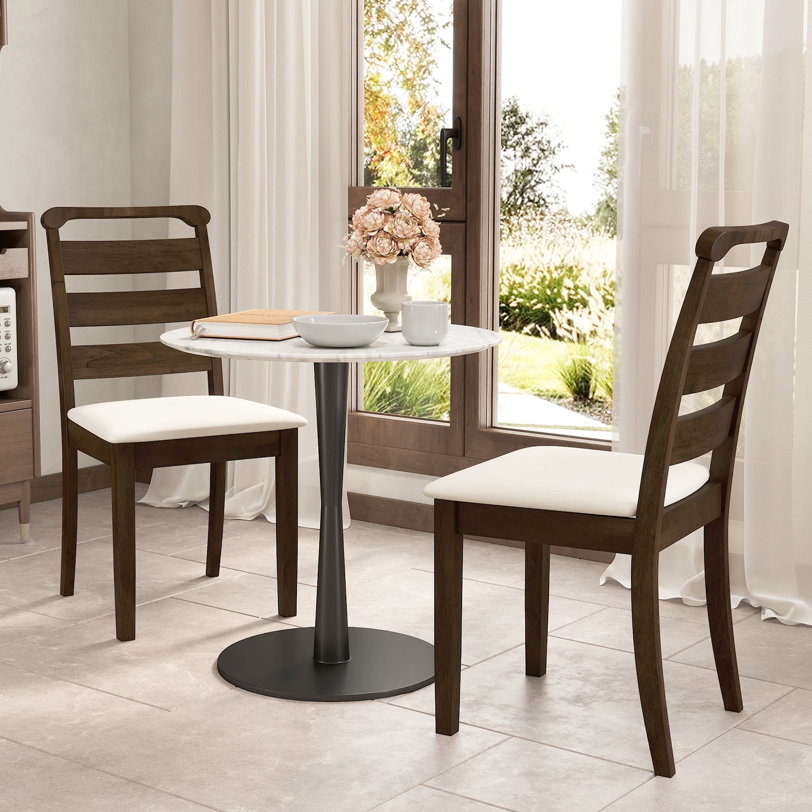 Polyester Upholstered Wooden Dining Chair Set of 2-Walnut