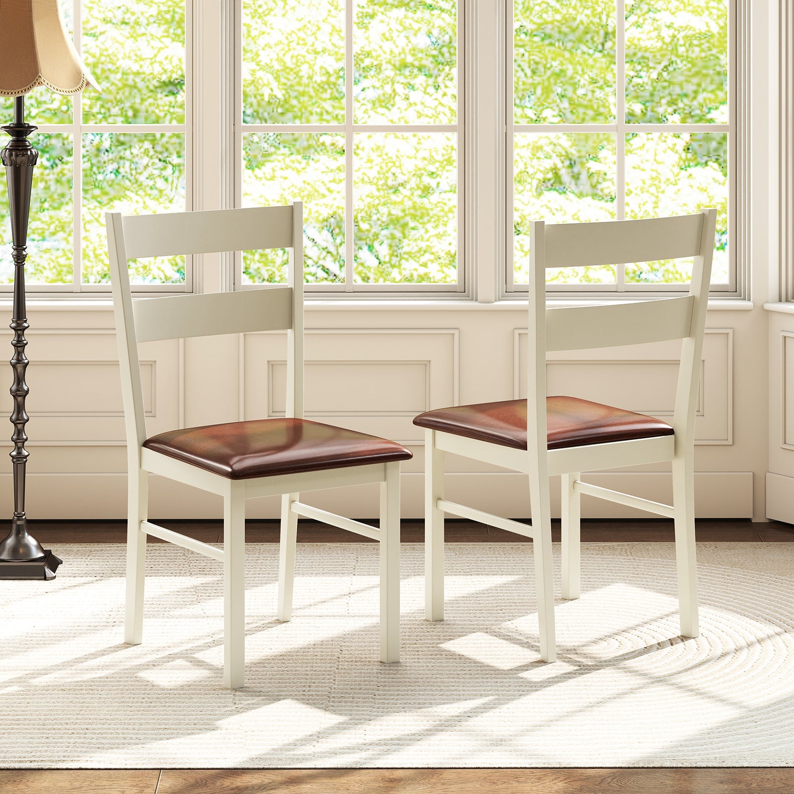 Wooden Dining Chair Set of 2 PU Leather Upholstered Kitchen Armless Chairs-White