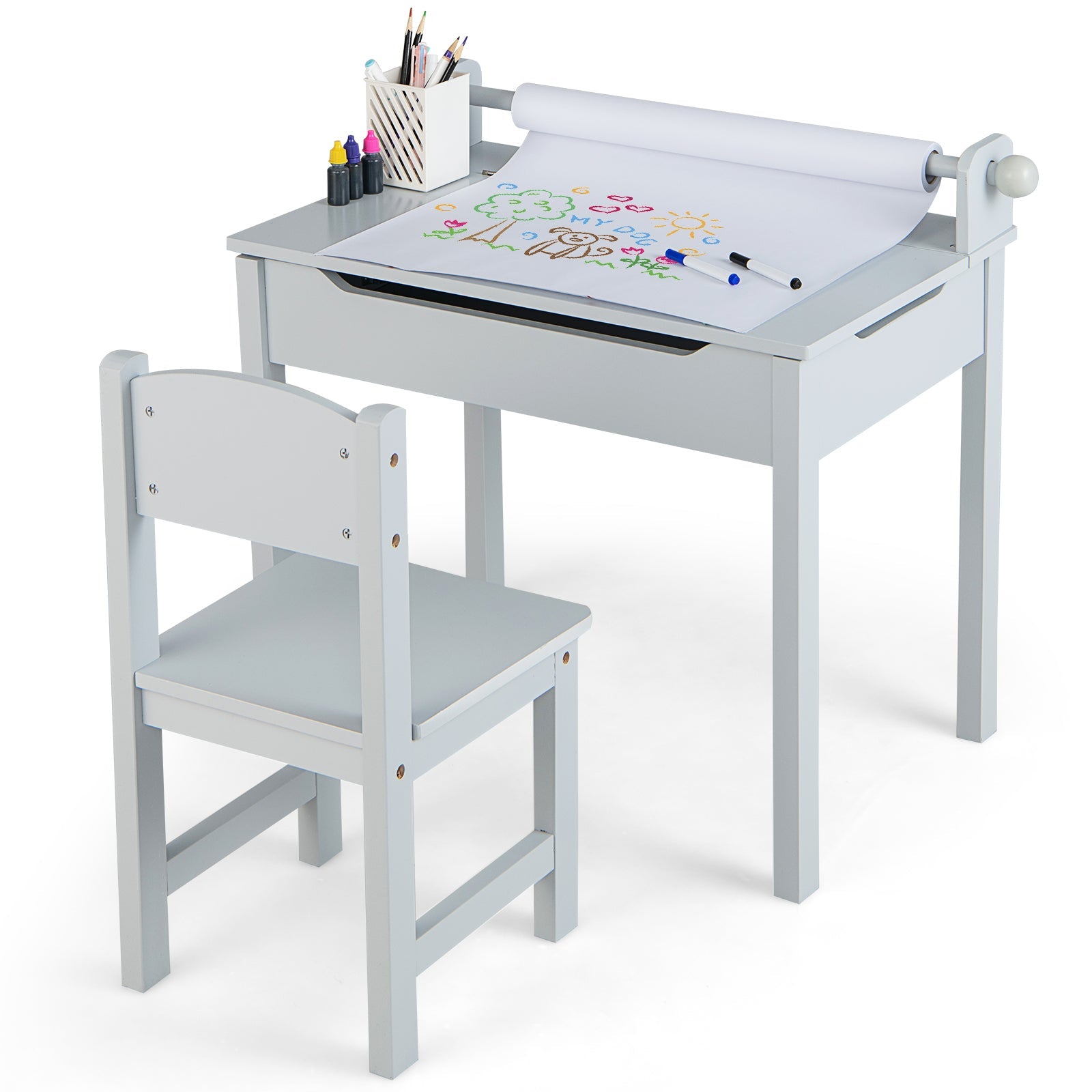 Wooden Kids Table and Chair Set with Storage and Paper Roll Holder