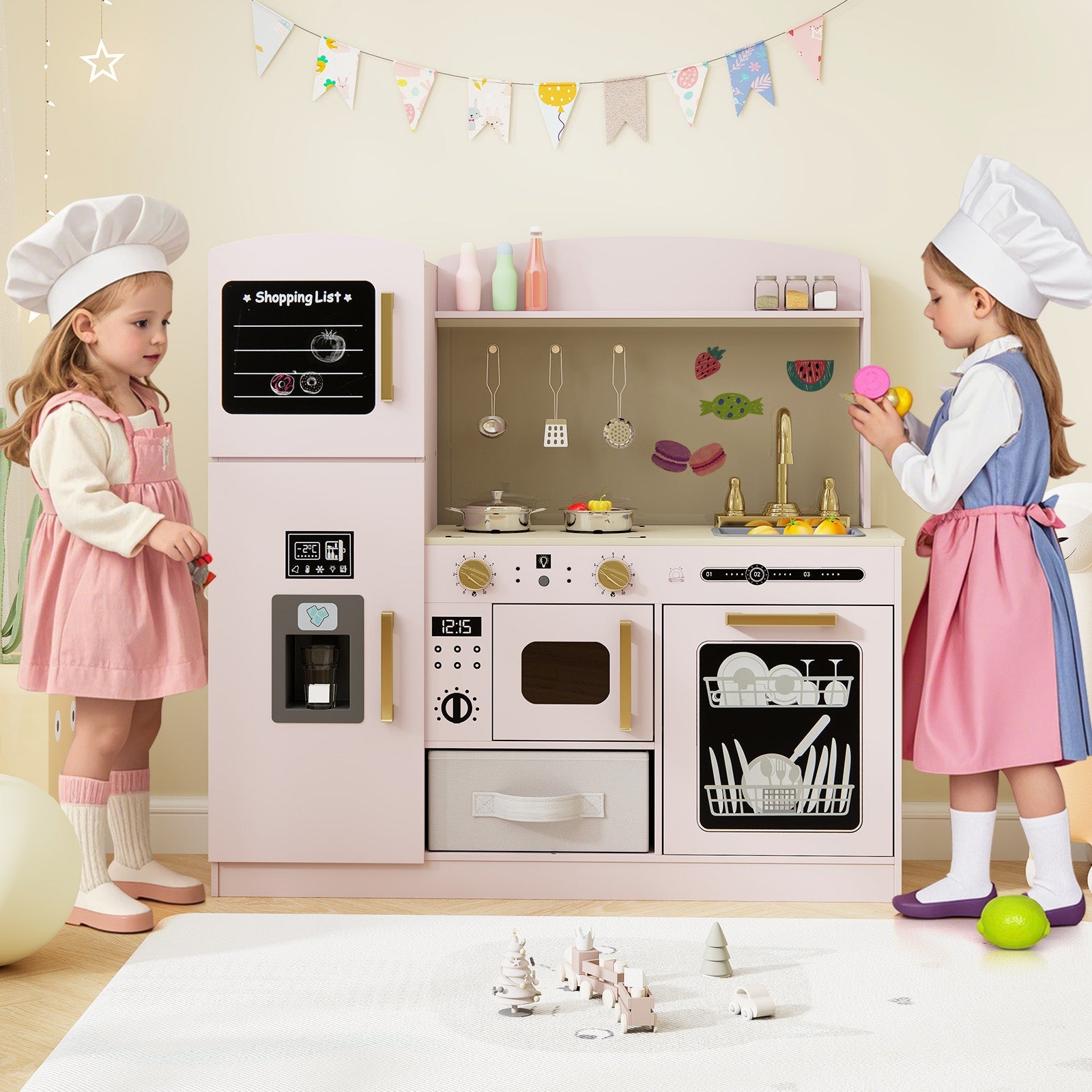 Wooden Kids Kitchen Playset with Chalkboard Ice Maker Sink Lighted Microwave