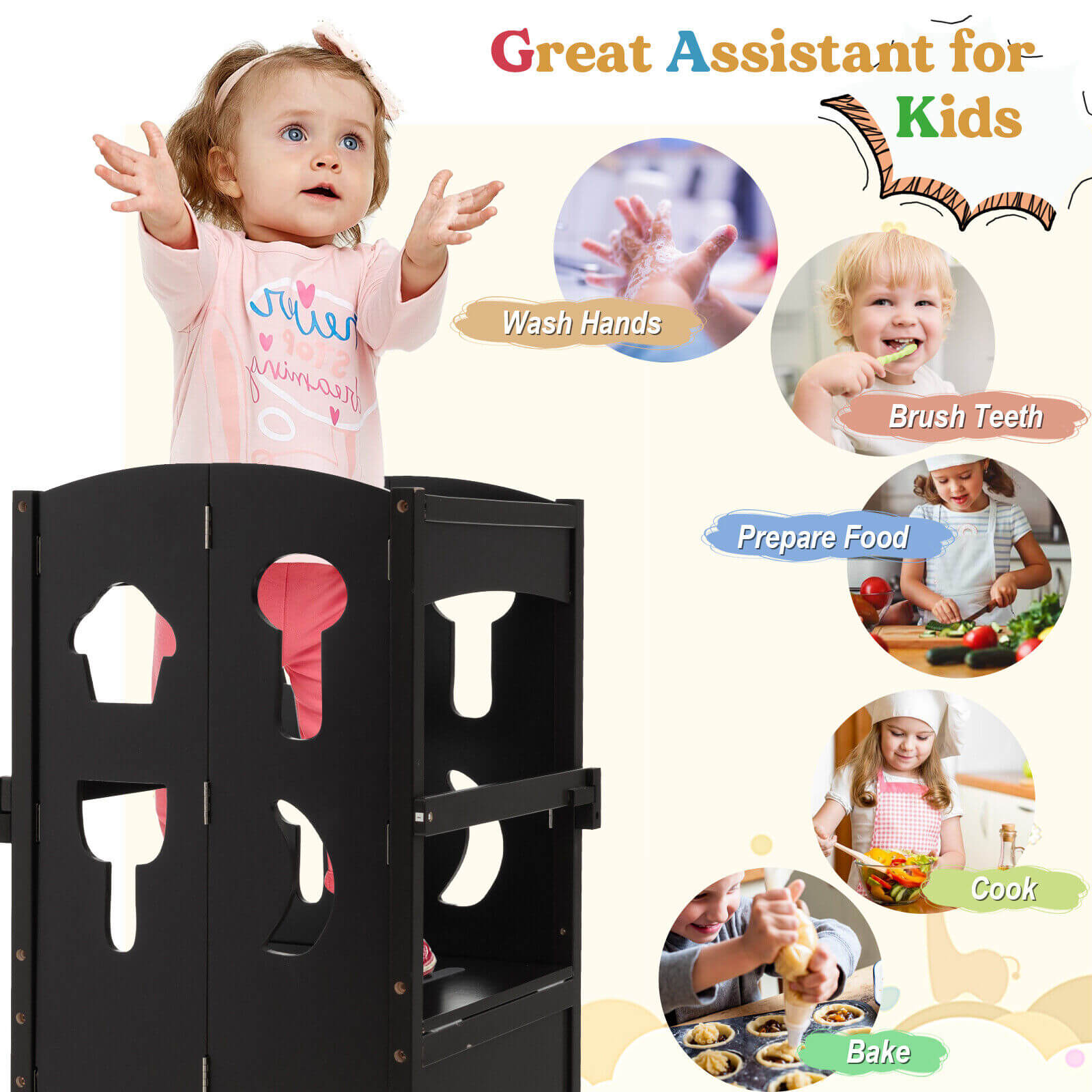 Folding Wooden Step Stool with Lockable Safety Rail for Toddler 3+