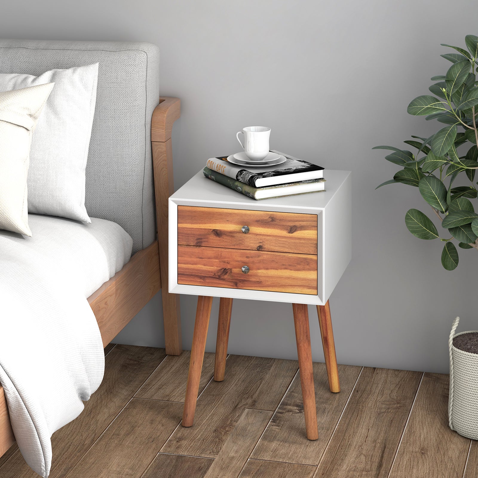 Wooden Nightstand Mid-Century End Side Table with 2 Storage Drawers