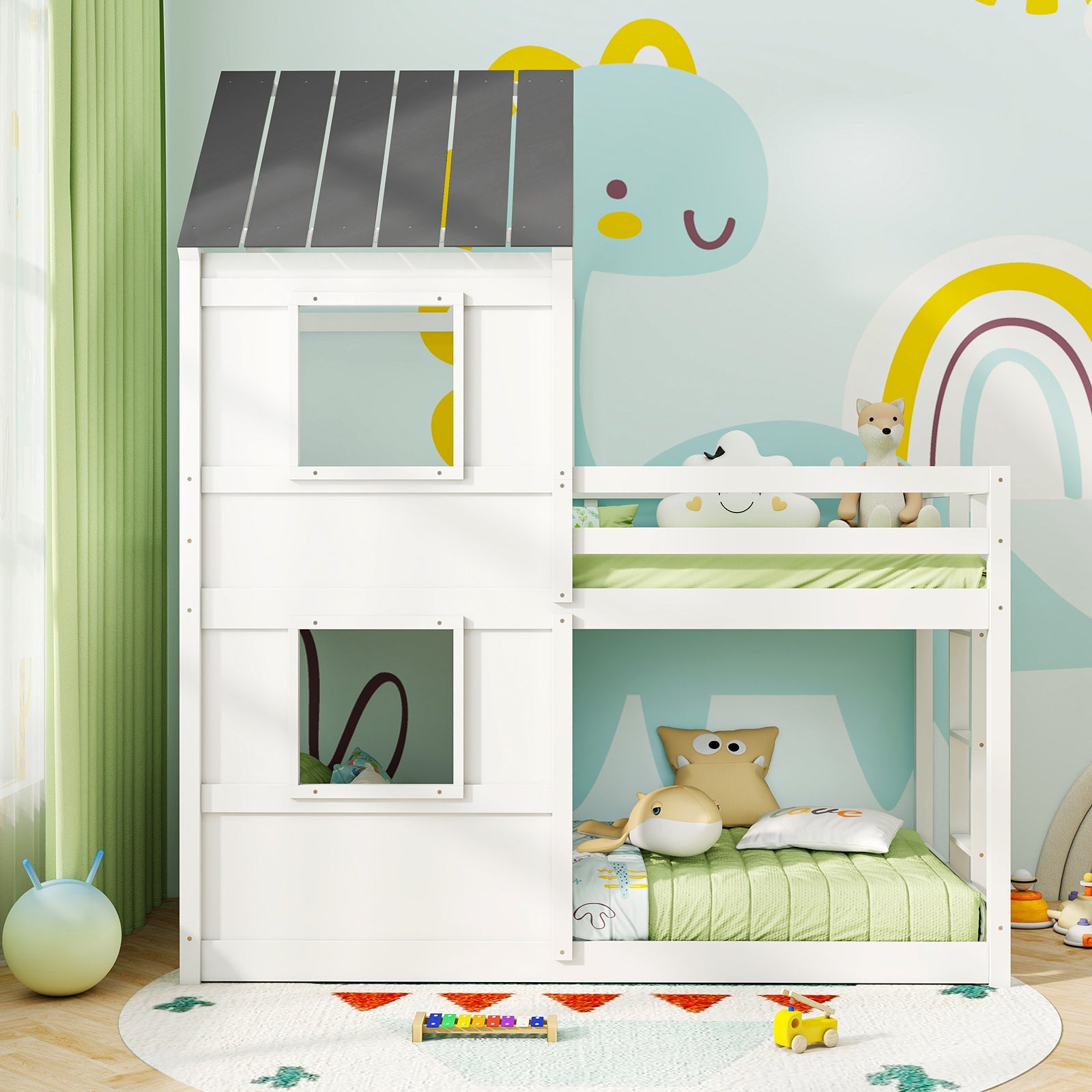 Wooden  Twin Over Twin Bunk Bed with Full-length Safety Guardrail and Ladder-White and Gray