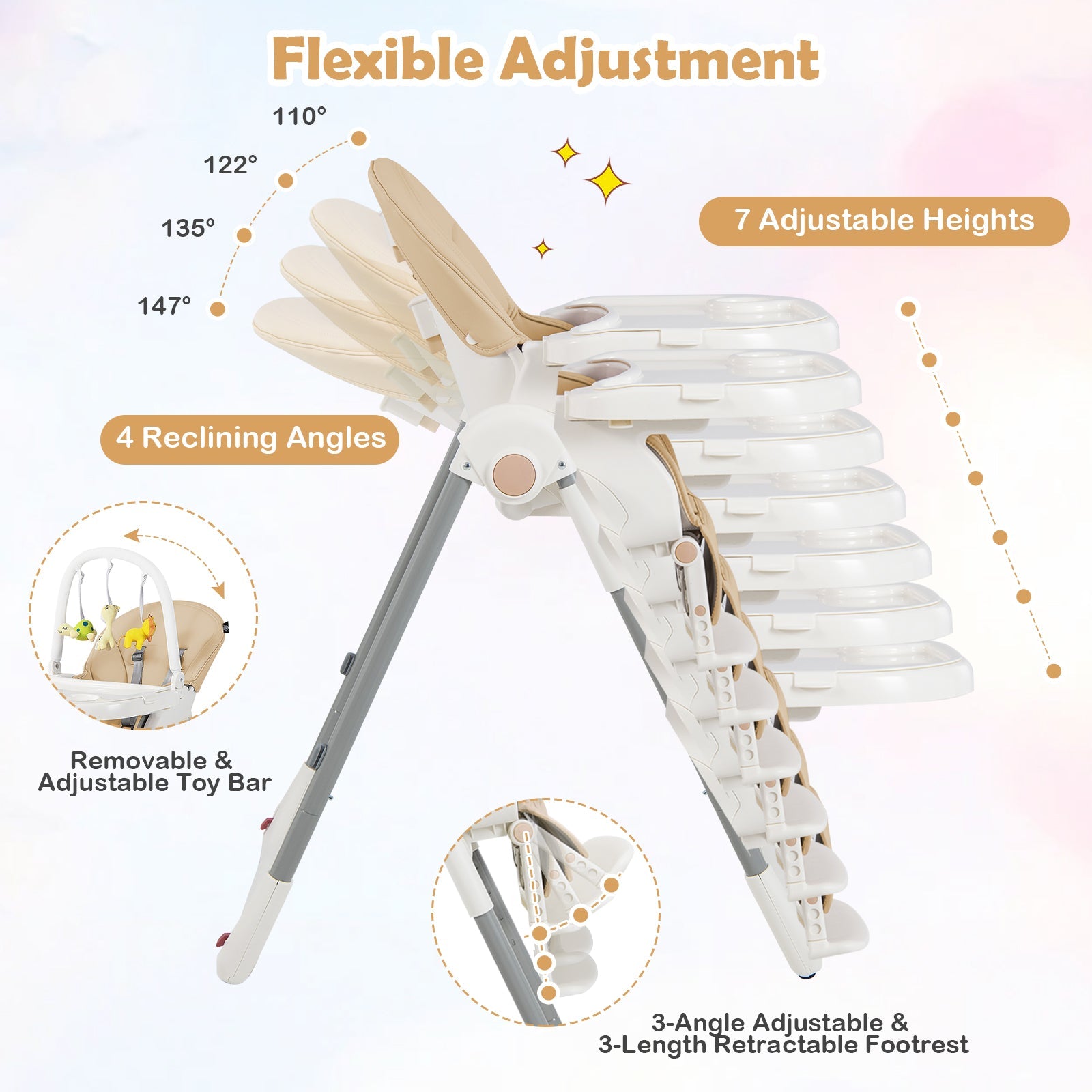 4-in-1 Foldable Baby High Chair with 7 Adjustable Heights and Free Toys Bar