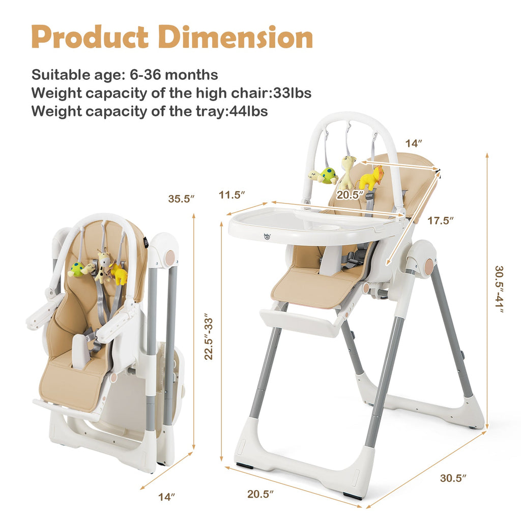 4-in-1 Foldable Baby High Chair with 7 Adjustable Heights and Free Toys Bar
