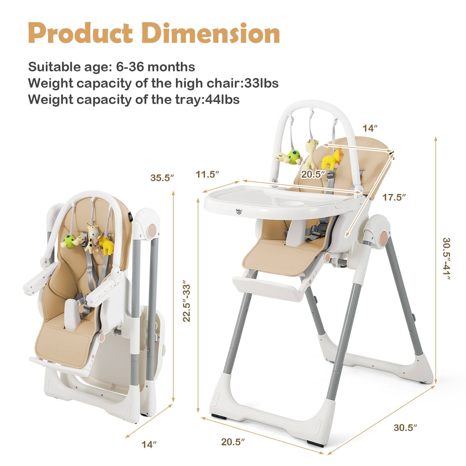 4-in-1 Foldable Baby High Chair with 7 Adjustable Heights and Free Toys Bar