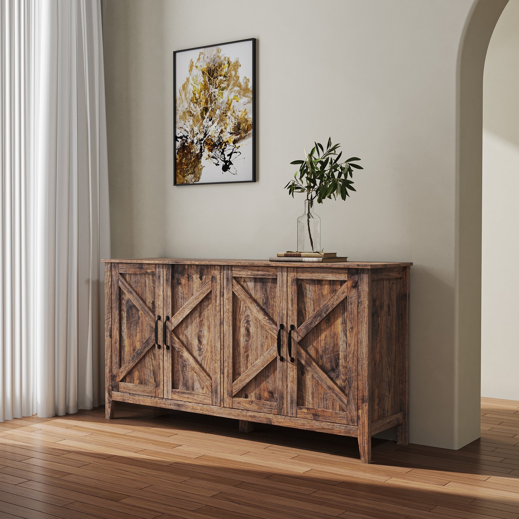 Cabinet with 4 Doors and 4 Open Shelves Freestanding Sideboard