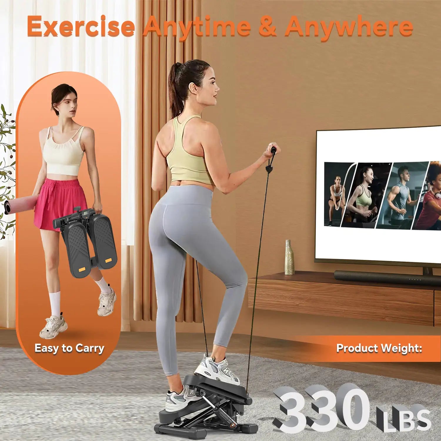 Home Office Exercise 330LBS Capacity Mini Stepper With Resistance Bands And LCD Monitor