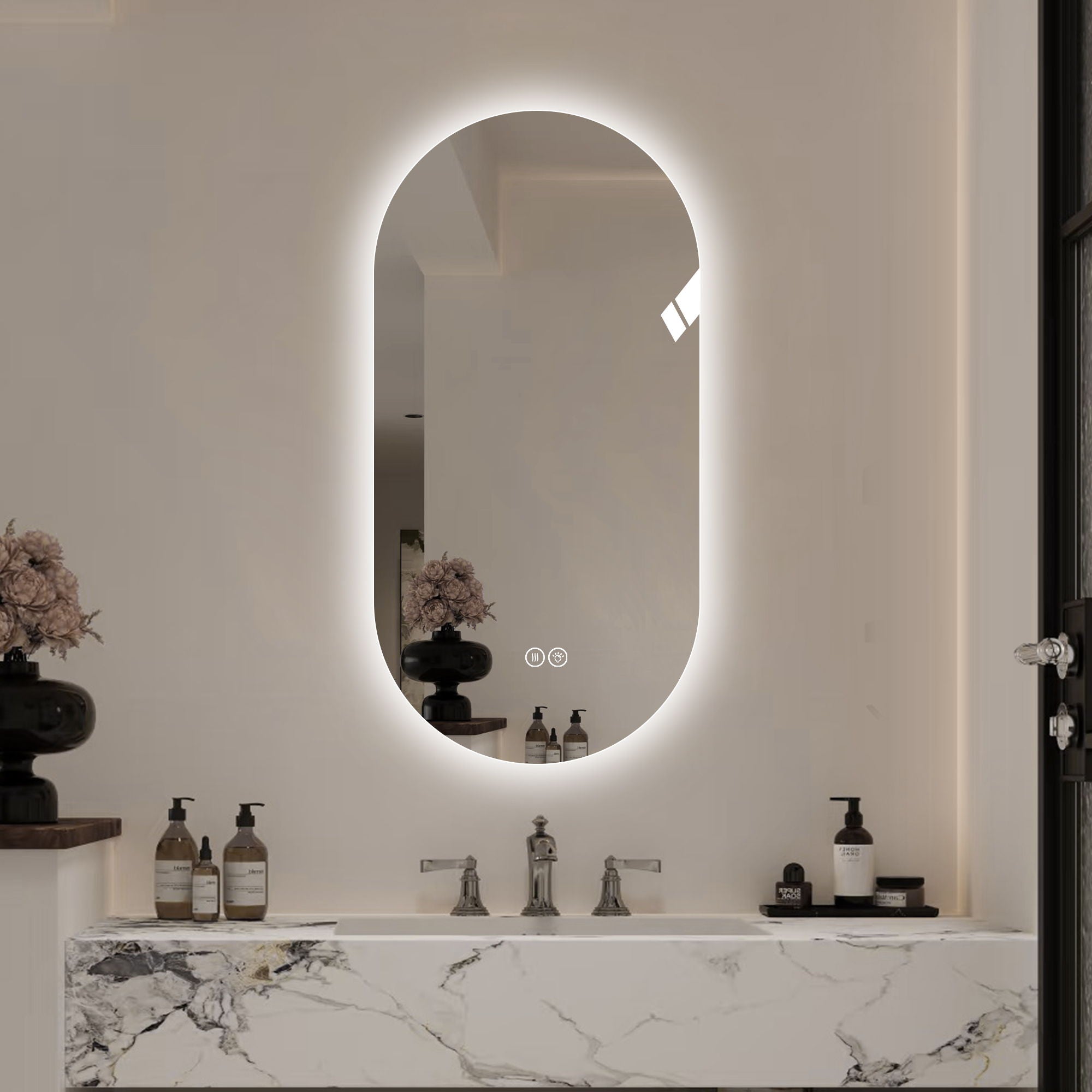 Smart Wall Mounted LED Touch Screen Mirror With Anti Fog Function And Adjustable Lighting - Antique Silver