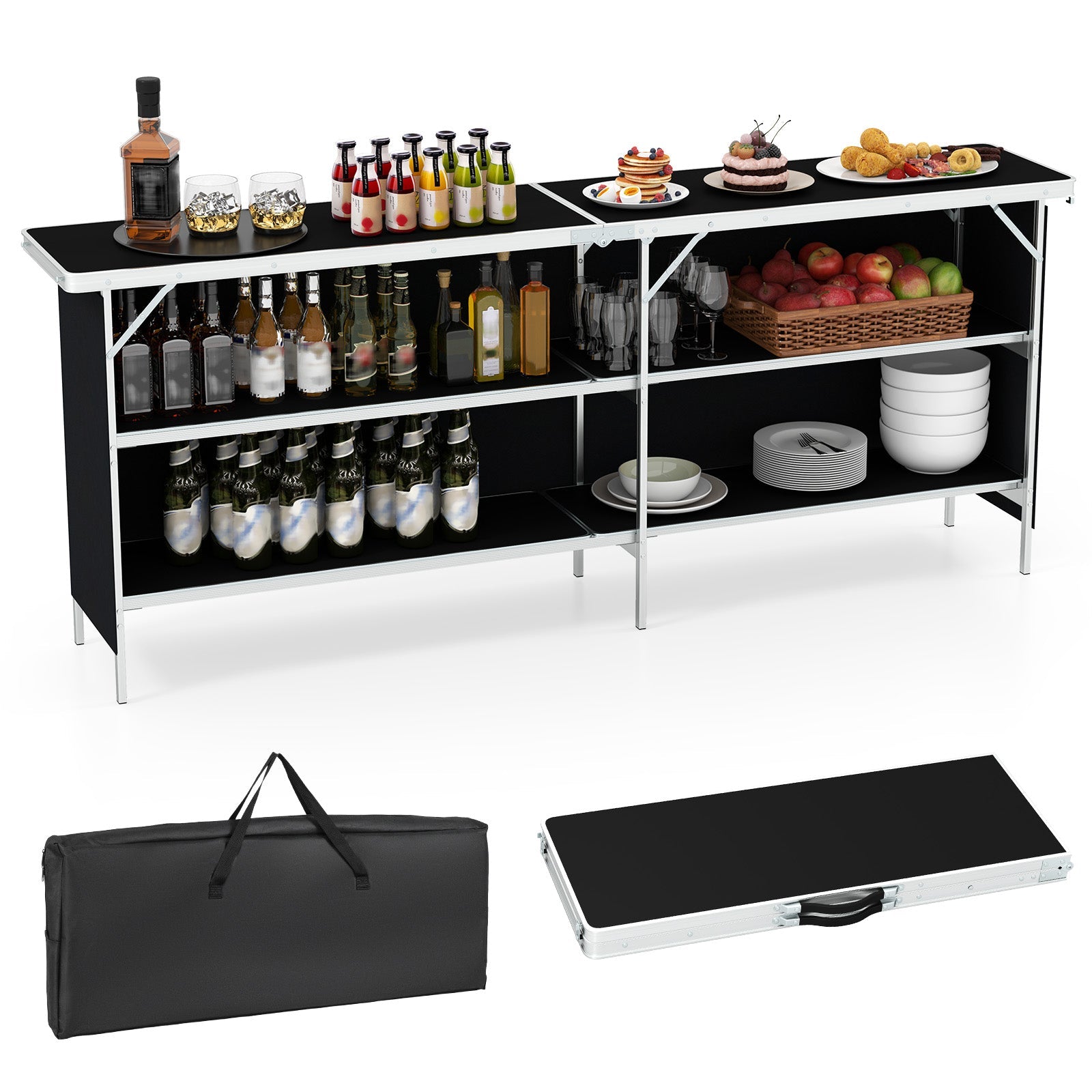 Aluminum Portable Picnic Table with 2-Tier Open Shelves and Spacious Tabletop
