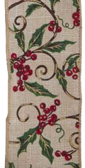 Holly Print Wire Ribbon - 2.5" x 10 Yards