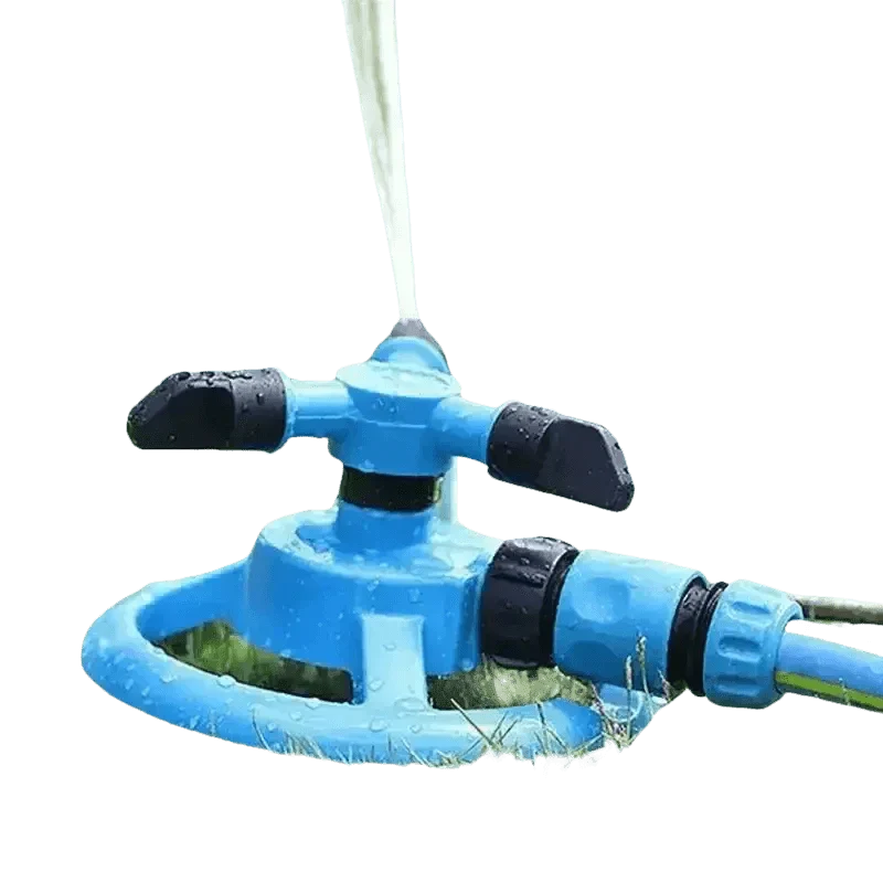 Blue Rotating Garden Sprinklers Watering Grass