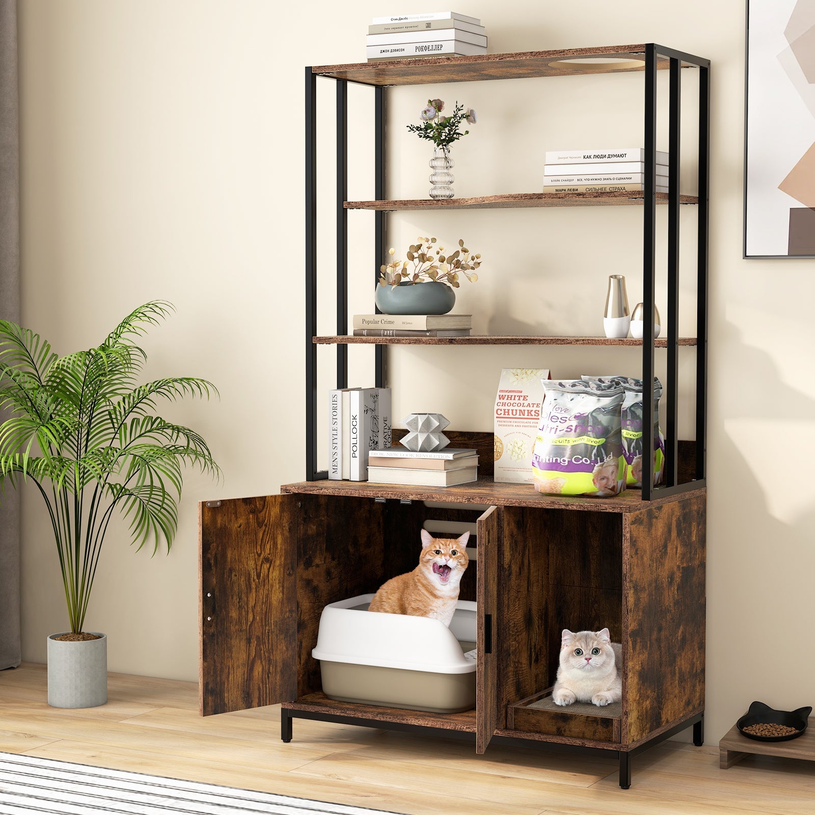 Cat Litter Box Enclosure with Storage and 3-tier Shelves