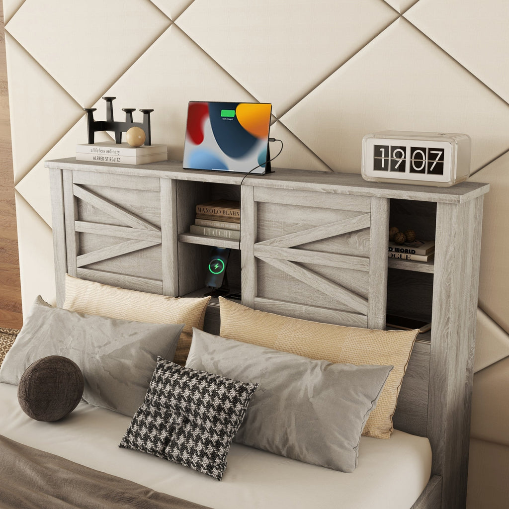 3-Pieces Bedroom Set Queen Size Farmhouse Platform Bed with Storage Headboard and Charging Station