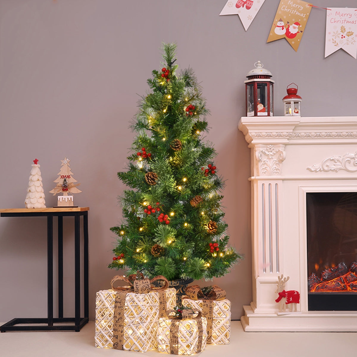 LED Christmas Tree with Red Berries Pine Cones