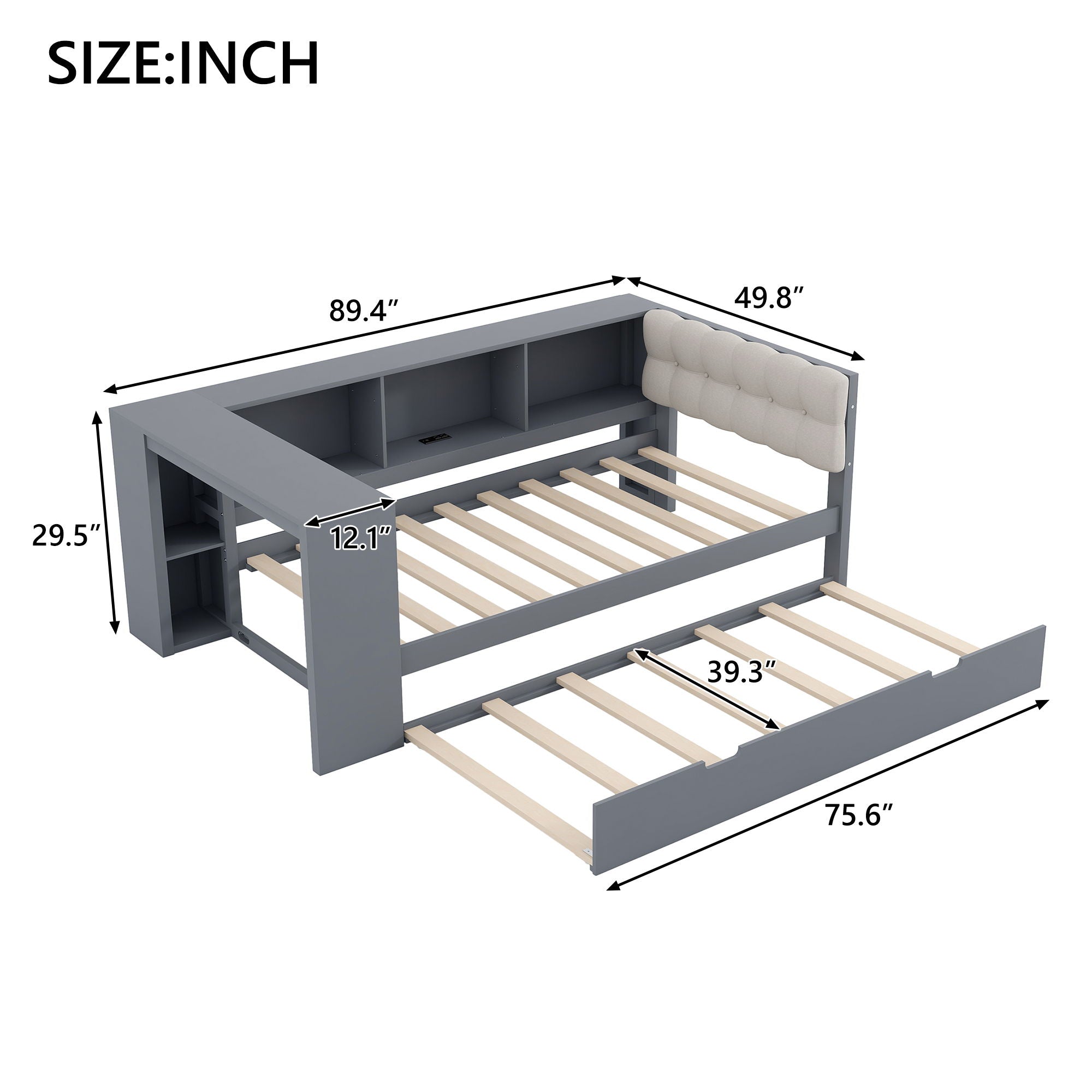 Upholstered Headboard Platform Bed with Storage Shelves, Trundle, and Charging Station