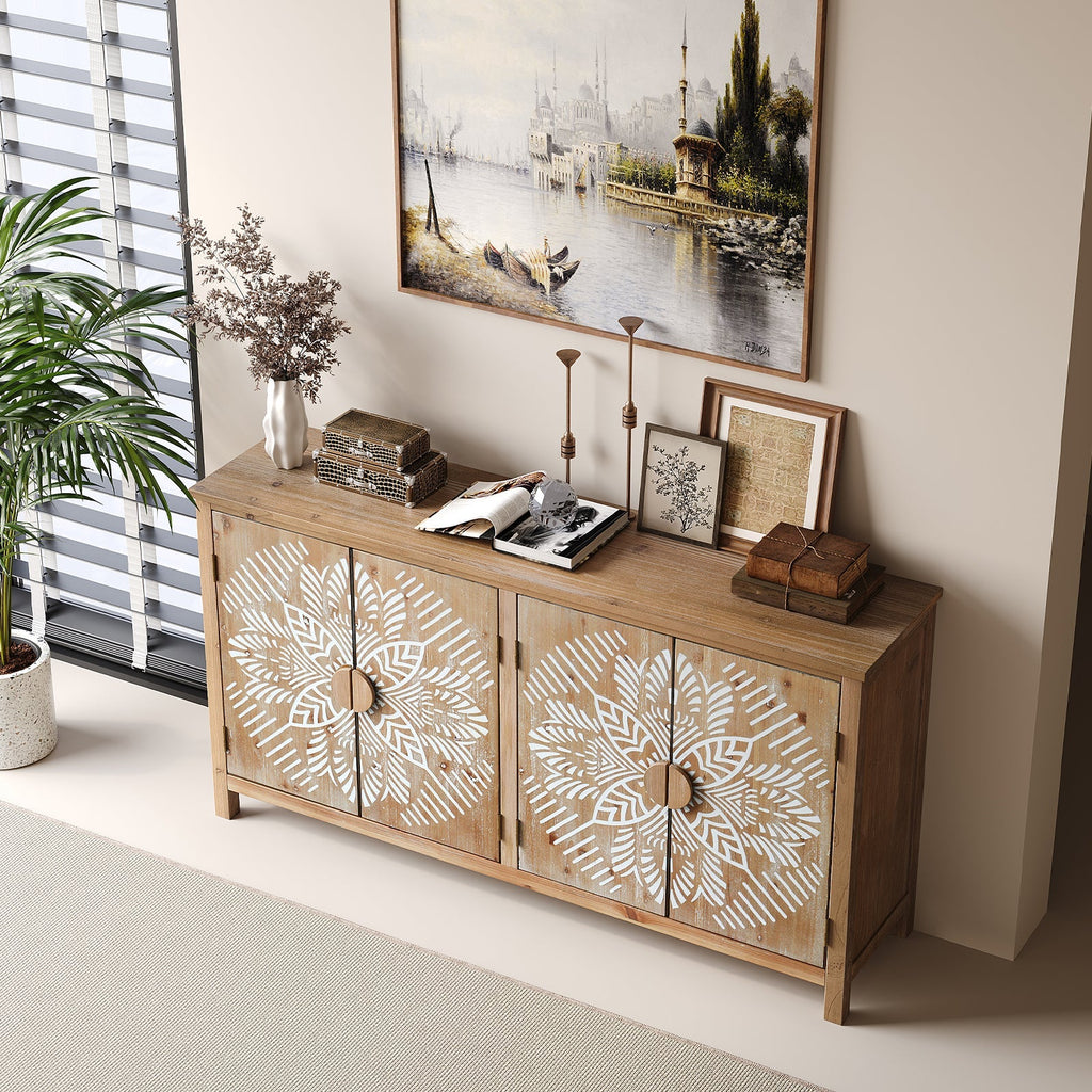 60" Wood Accent Cabinet with 4 Doors Brown and Antique White