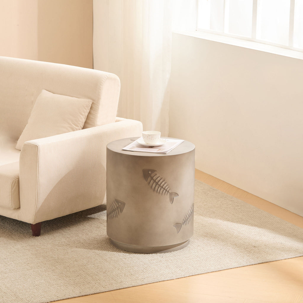Rustic Magnesium Oxide Side Table With Fish Pattern Design - Gray