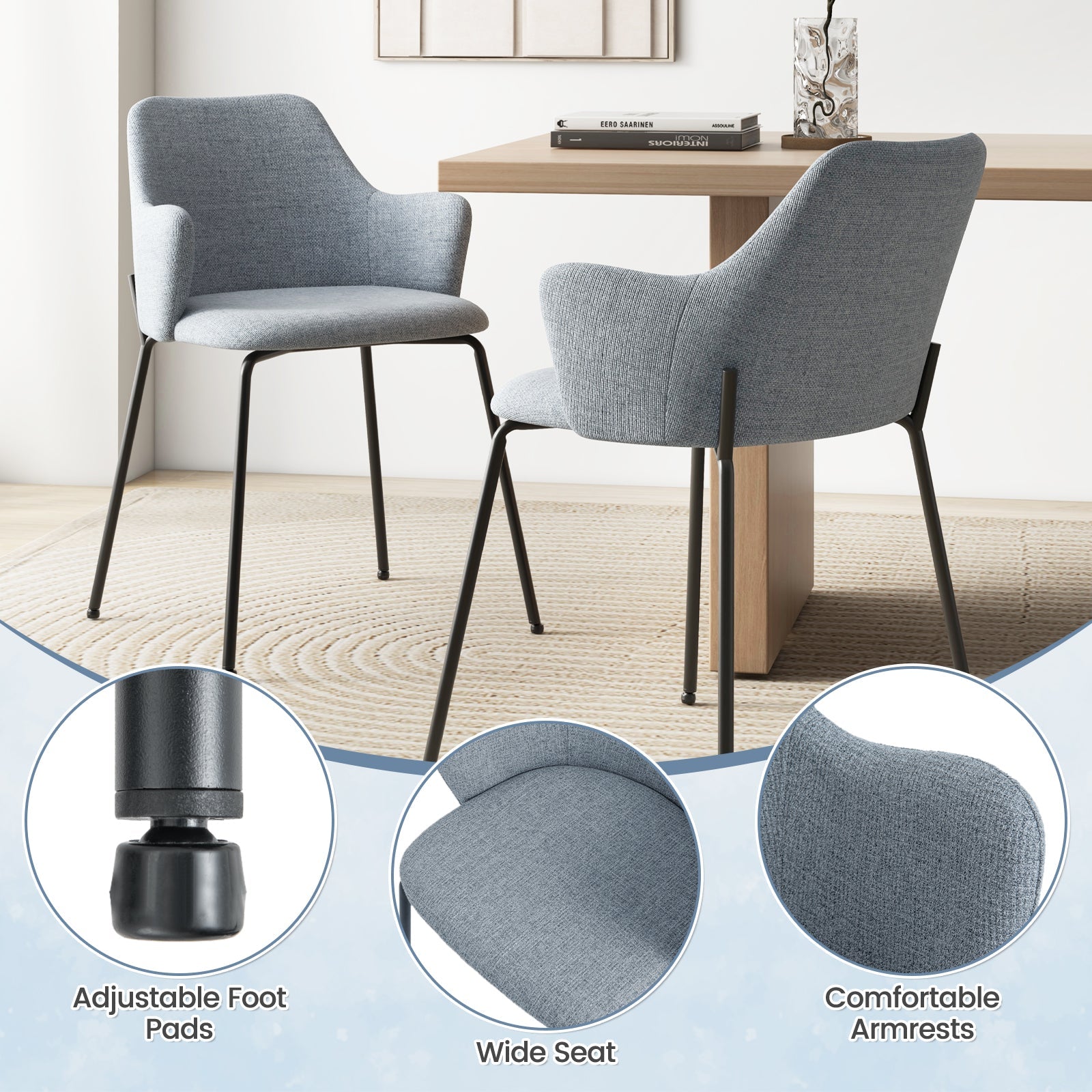 Dining Chairs Set of 2 with Curved Backrest Wide Seat and Armrests
